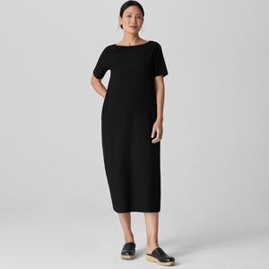 EILEEN FISHER Stretch Crepe Machine Washable Black Oval Dress Short Sleeve Sz L